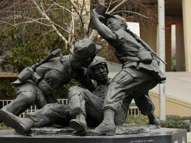 A memorial to Hmong service in Southeast Asia sits in front of the Fresno County, California, Court House. 